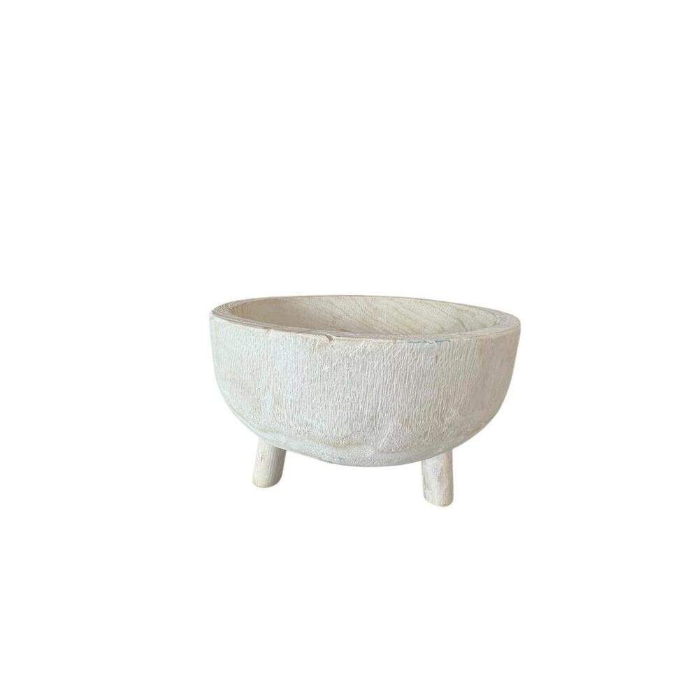 Hand Carved‎ Wooden Tripod Bowl Whitewashed Footed Primitive Style Decor